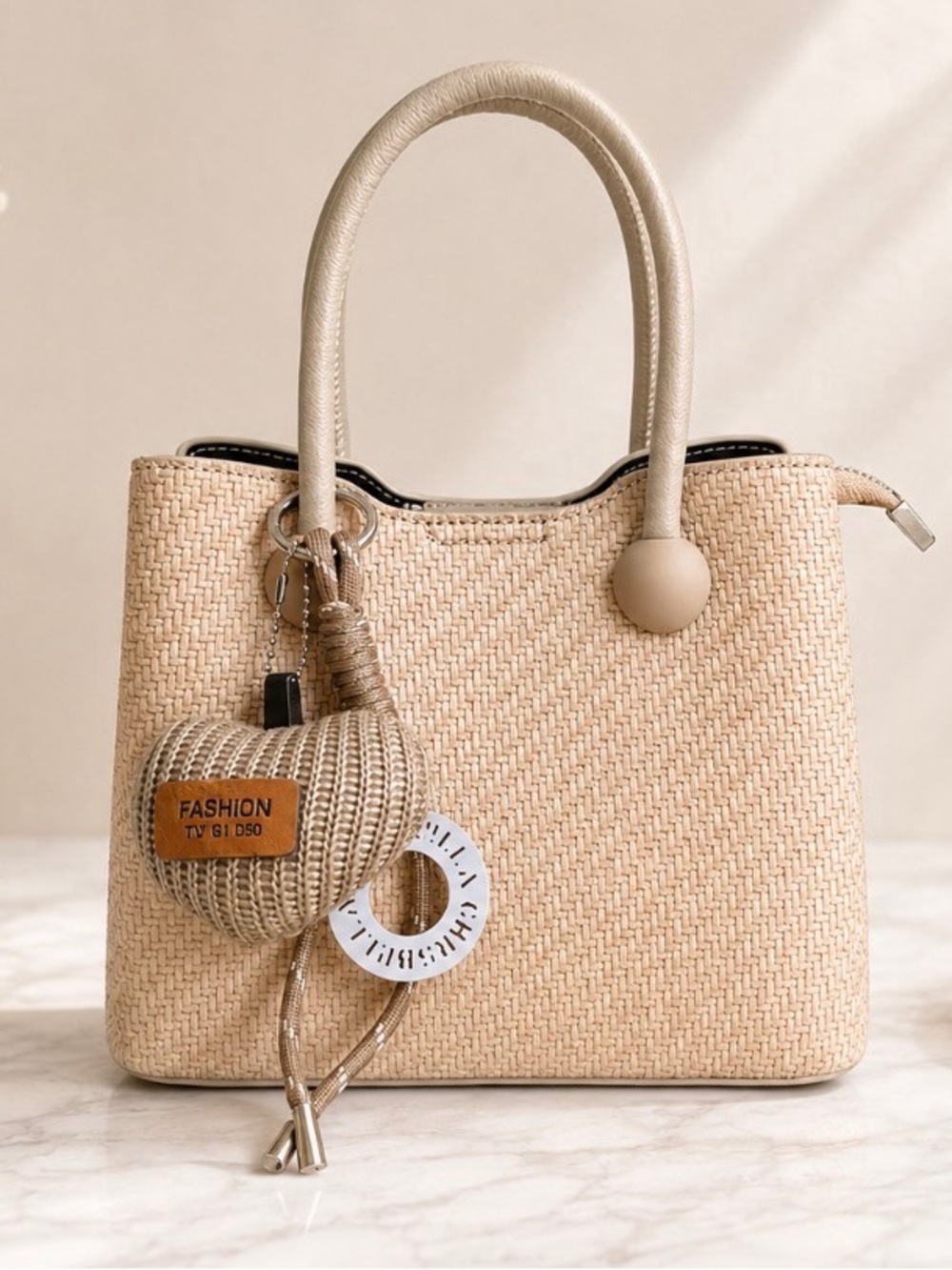 NWT Beige Woven Satchel Handbag with Matching Charm & Shoulder Strap by Sumzen